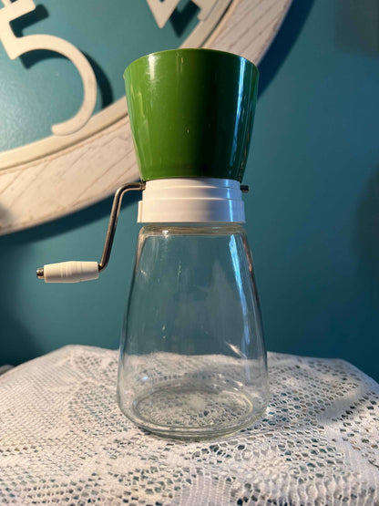 Vintage Federal Housewares Manual Nut Grinder | Green Top Glass Jar | Mid-Century Kitchenware