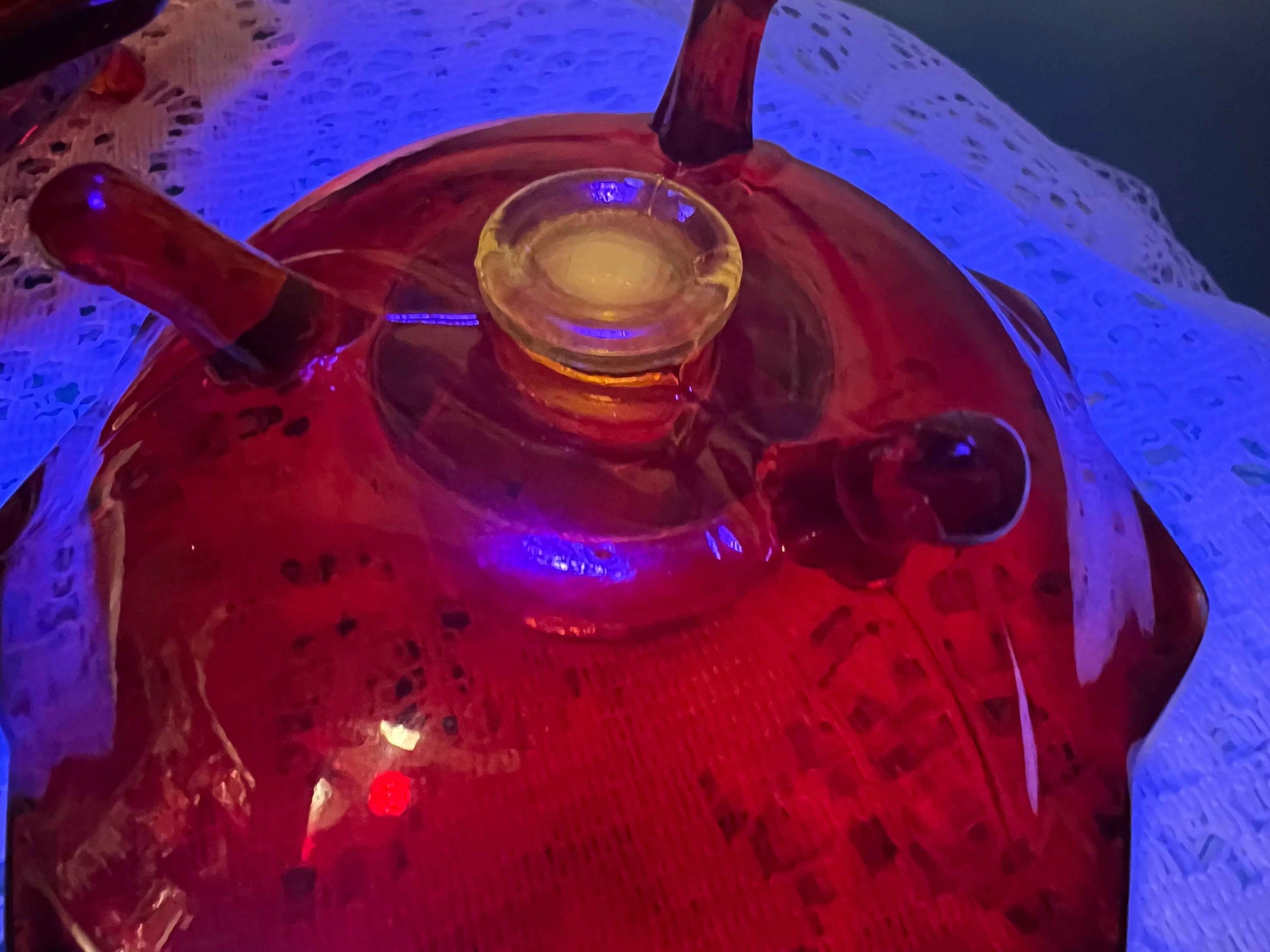 Vintage Fenton Red Amberina Lotus Candleholders - GLOWS – Pair of 848 Cadmium Glass, 1930s