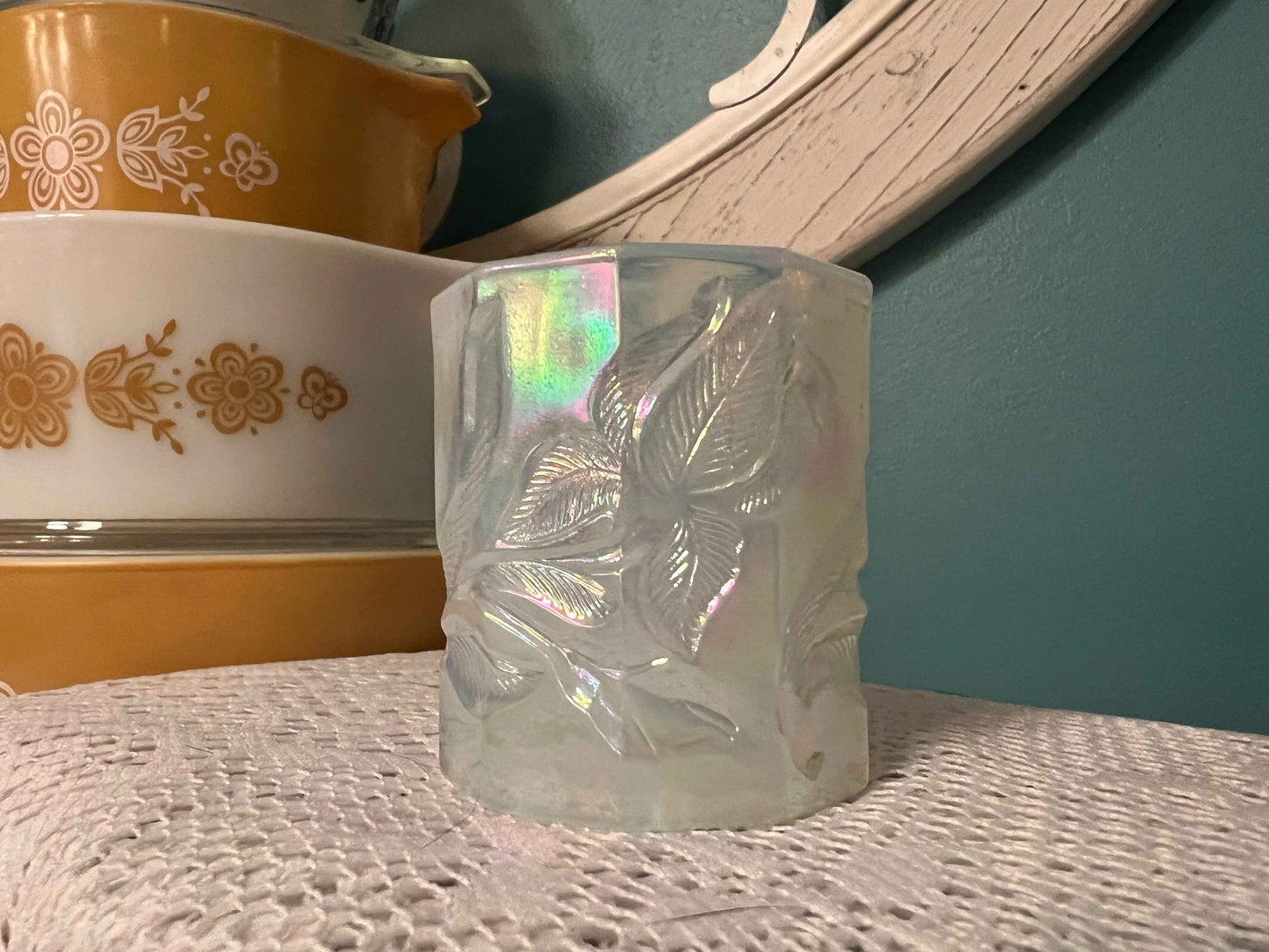 Fenton Art Glass Iridescent Leaf Votive | Signed Collectible Candle Holder | Shimmering Decorative Glass
