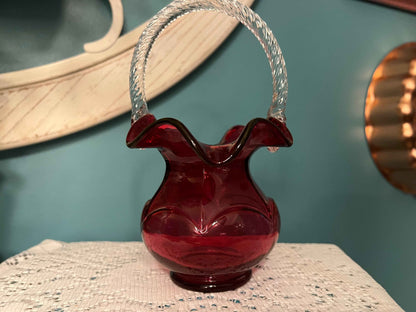 Vintage Fenton Brides Basket Vase – Cranberry Pink & Clear Coin Dot | 8" Collectible Glass