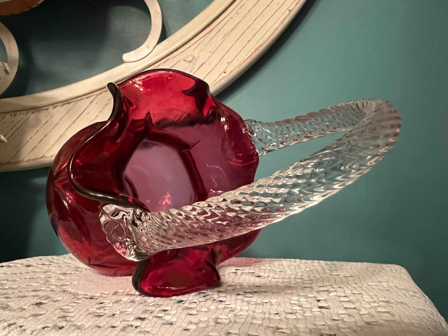 Vintage Fenton Brides Basket Vase – Cranberry Pink & Clear Coin Dot | 8" Collectible Glass