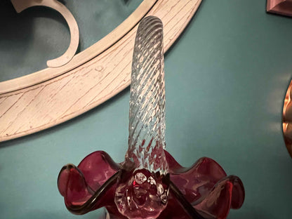Vintage Fenton Brides Basket Vase – Cranberry Pink & Clear Coin Dot | 8" Collectible Glass