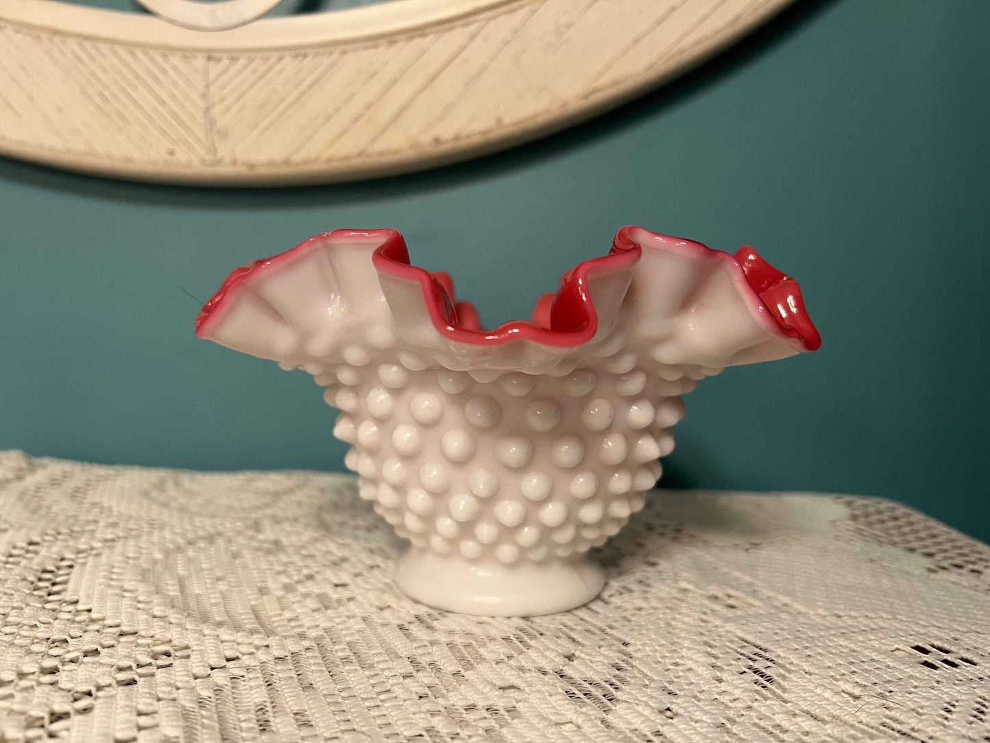 Vintage Fenton Hobnail Peach Blow Cranberry Ruffled Glass Bowl | Milk Glass Exterior