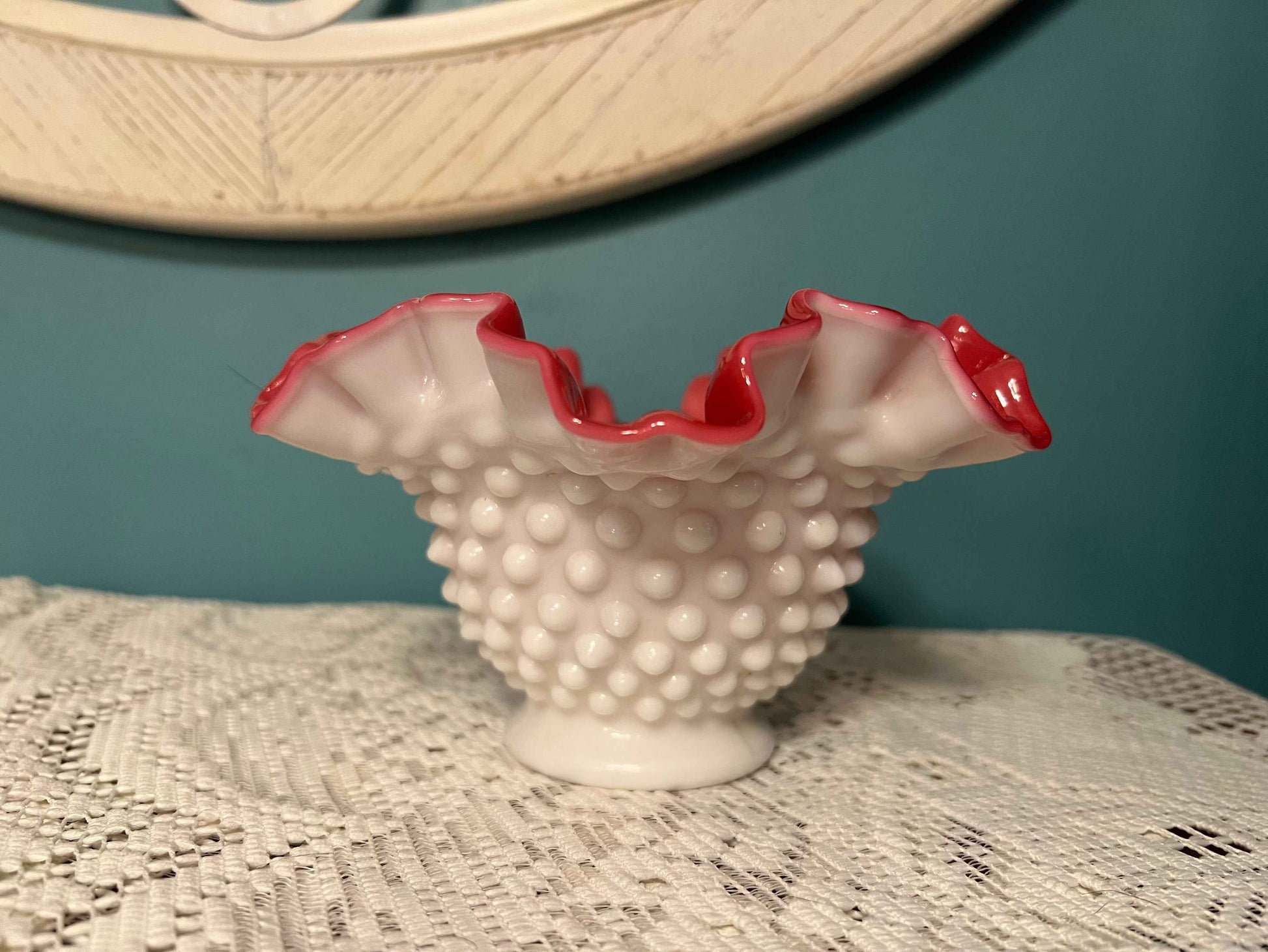 Vintage Fenton Hobnail Peach Blow Cranberry Ruffled Glass Bowl | Milk Glass Exterior