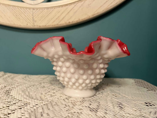 Vintage Fenton Hobnail Peach Blow Cranberry Ruffled Glass Bowl | Milk Glass Exterior