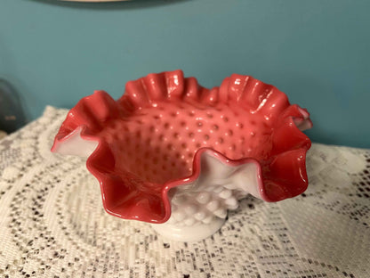 Vintage Fenton Hobnail Peach Blow Cranberry Ruffled Glass Bowl | Milk Glass Exterior