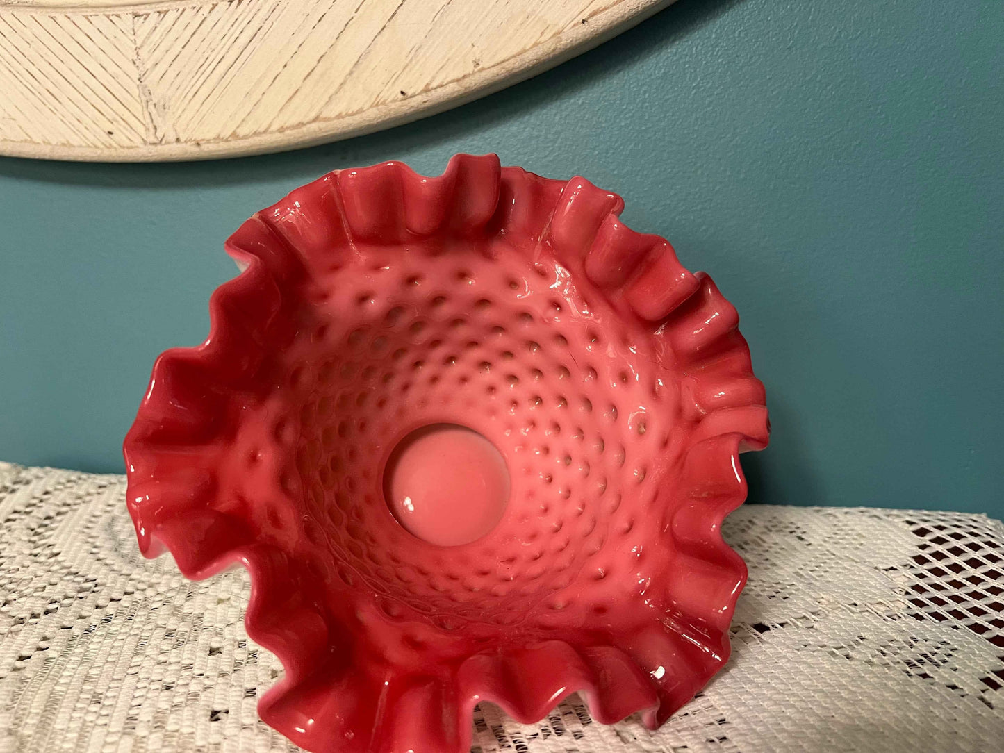 Vintage Fenton Hobnail Peach Blow Cranberry Ruffled Glass Bowl | Milk Glass Exterior