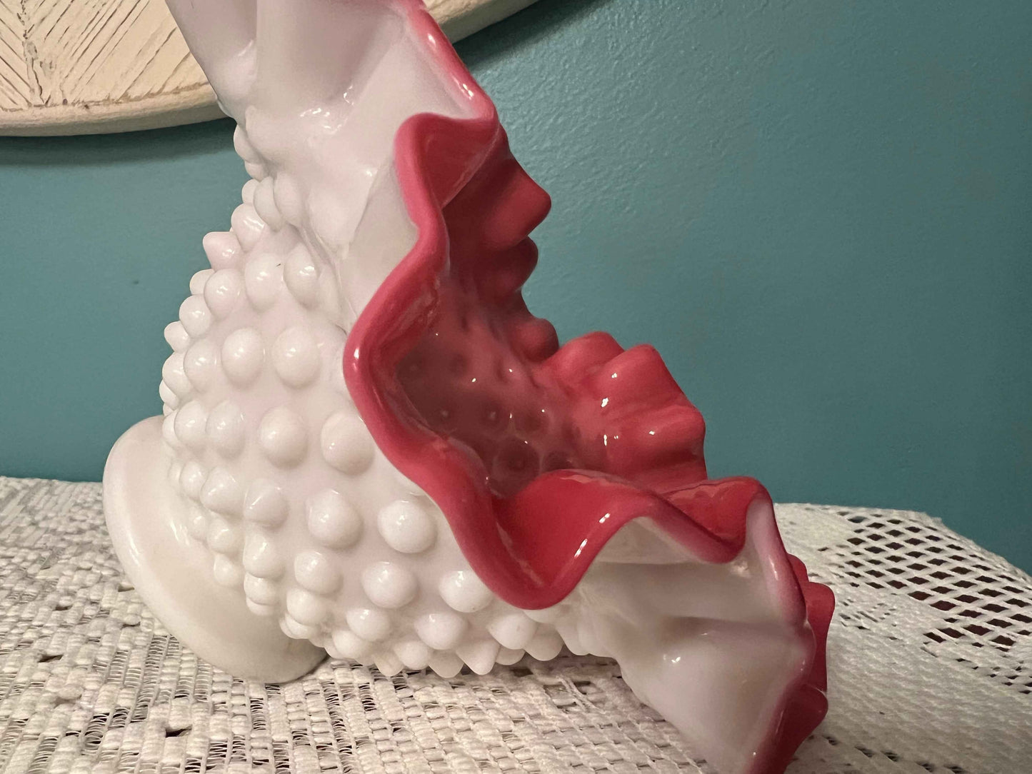 Vintage Fenton Hobnail Peach Blow Cranberry Ruffled Glass Bowl | Milk Glass Exterior