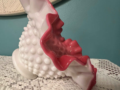 Vintage Fenton Hobnail Peach Blow Cranberry Ruffled Glass Bowl | Milk Glass Exterior
