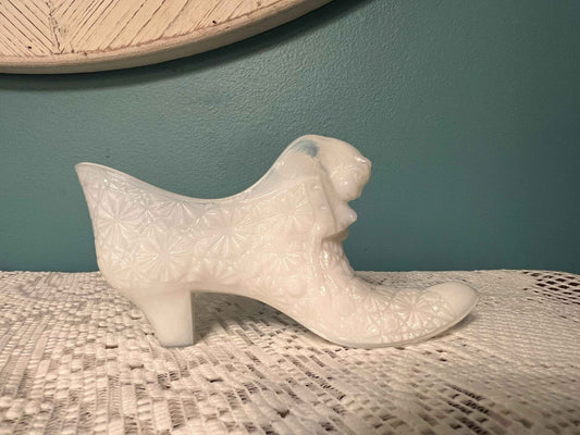 Vintage Fenton White Milk Glass Daisy and Button Shoe | Collectible Glassware