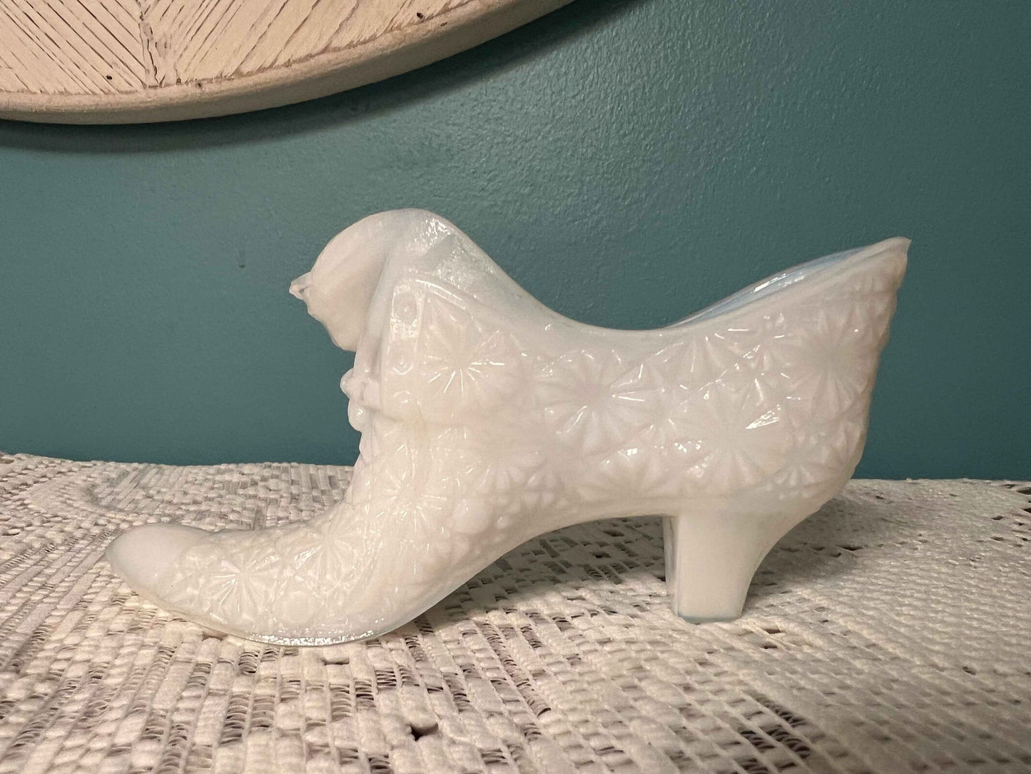 Vintage Fenton White Milk Glass Daisy and Button Shoe | Collectible Glassware