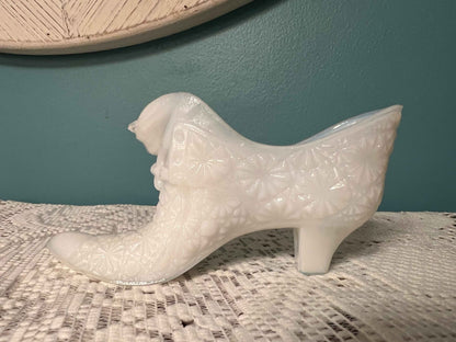 Vintage Fenton White Milk Glass Daisy and Button Shoe | Collectible Glassware