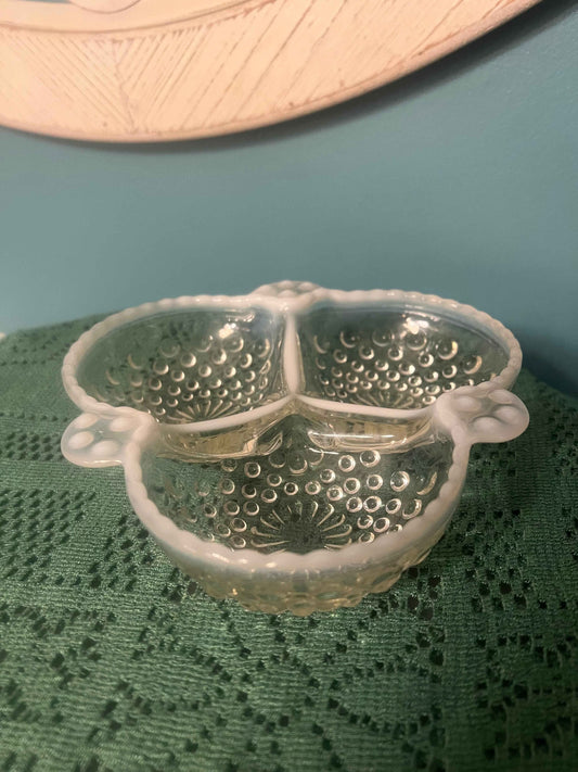Vintage Fenton Moonstone Opalescent Hobnail Clover Leaf Divided Relish Dish