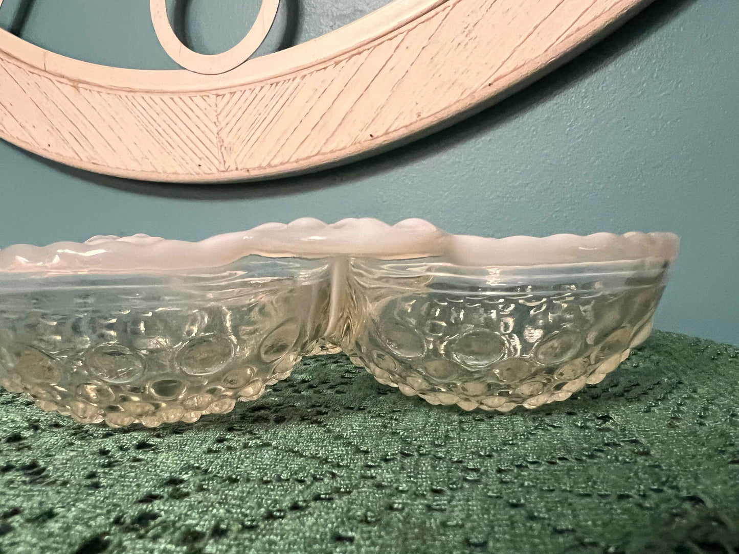 Vintage Fenton Moonstone Opalescent Hobnail Clover Leaf Divided Relish Dish