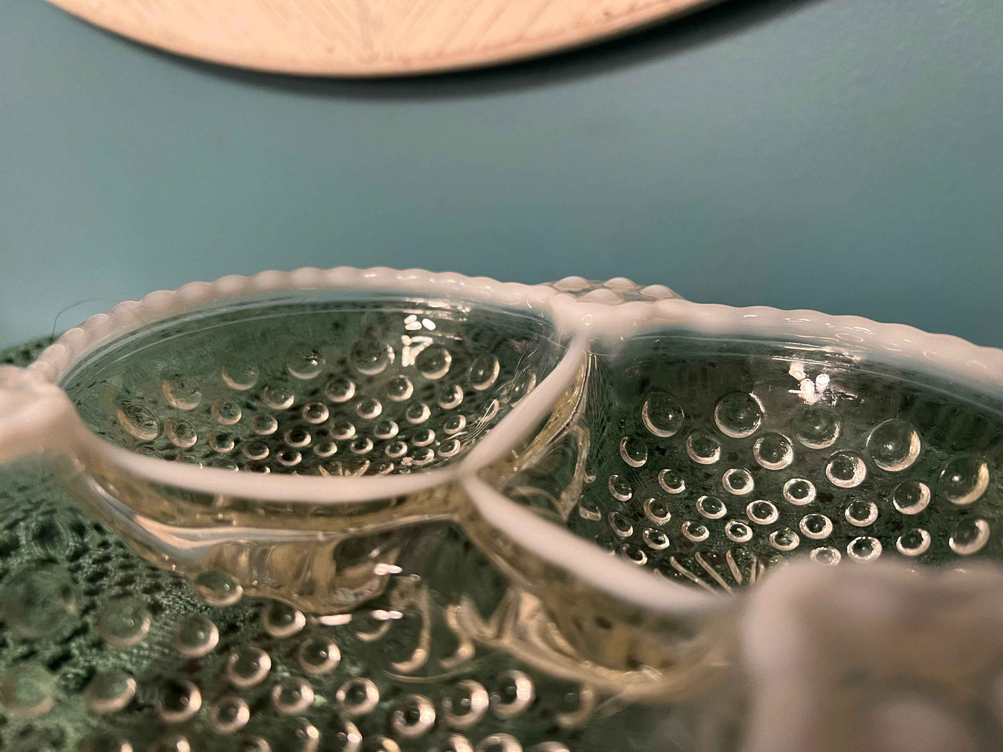 Vintage Fenton Moonstone Opalescent Hobnail Clover Leaf Divided Relish Dish