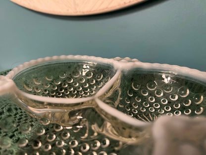 Vintage Fenton Moonstone Opalescent Hobnail Clover Leaf Divided Relish Dish