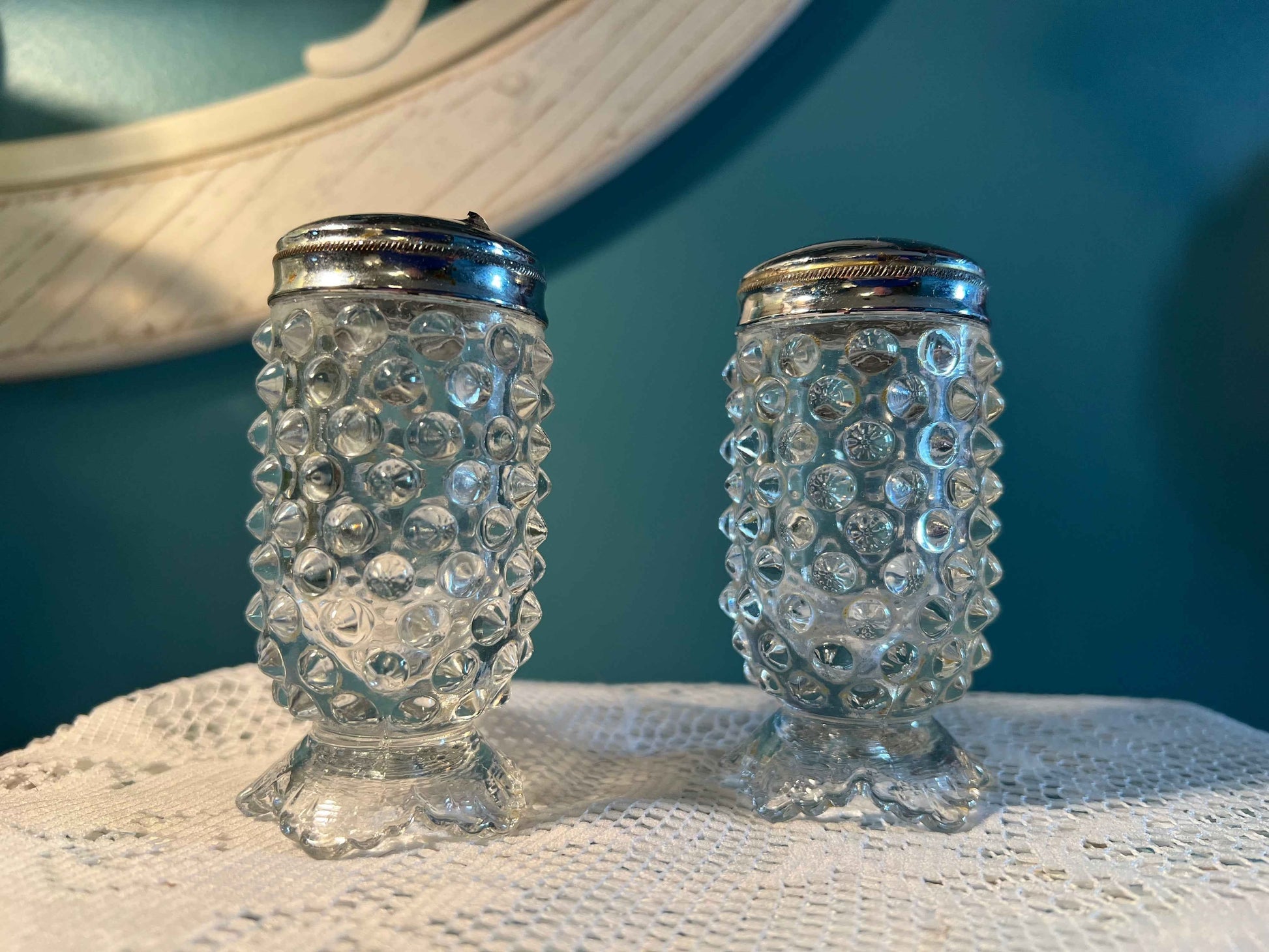 Mid-Century Fenton Leaf Footed Hobnail Salt & Pepper Shakers | Clear Glass | Collectible Vintage Glassware