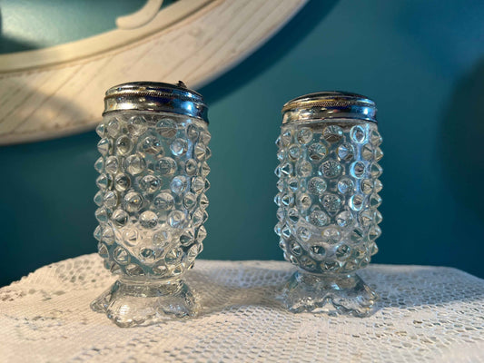 Mid-Century Fenton Leaf Footed Hobnail Salt & Pepper Shakers | Clear Glass | Collectible Vintage Glassware