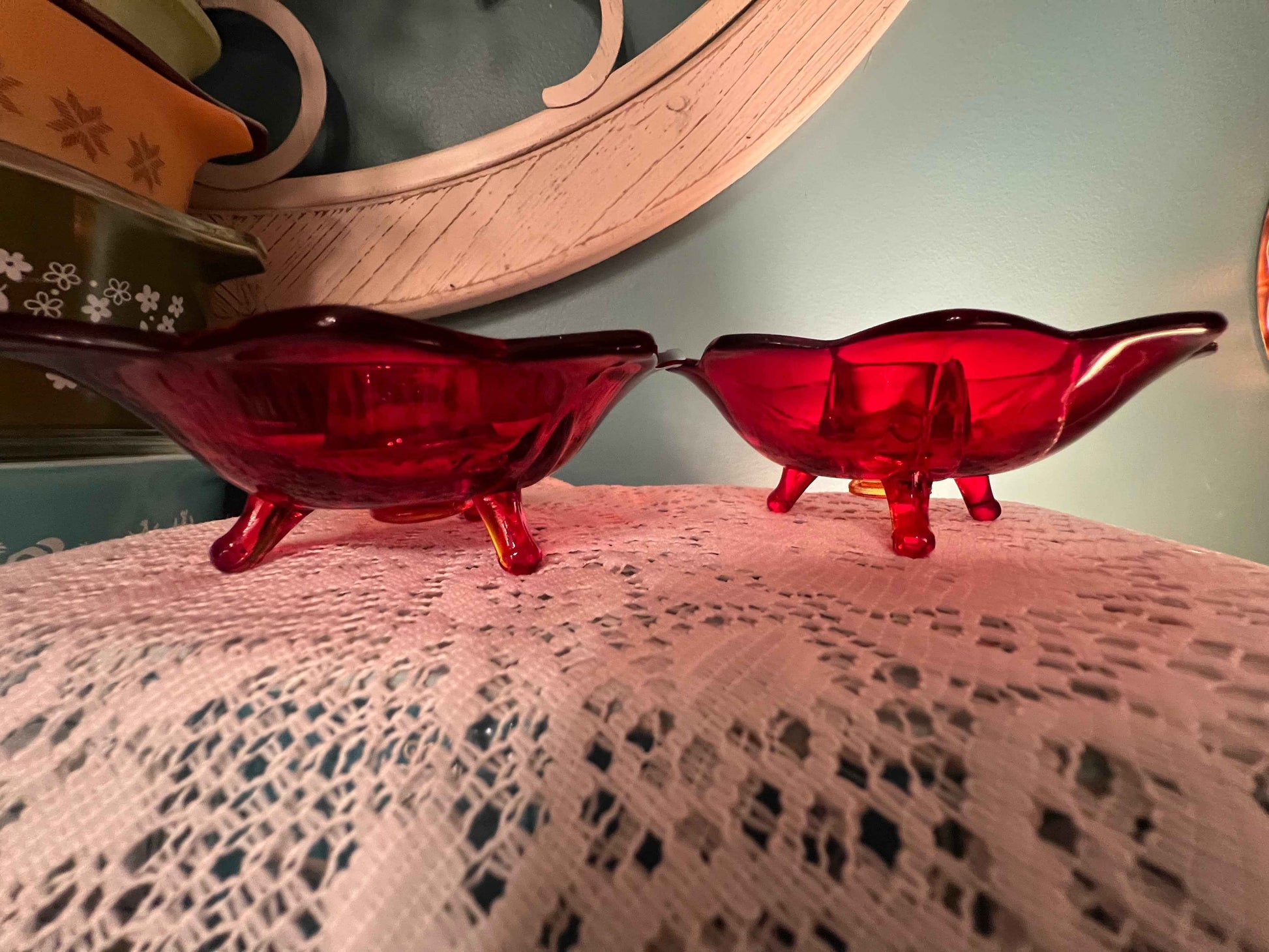 Fenton Amberina Lotus candlestick holders that glow under UV light