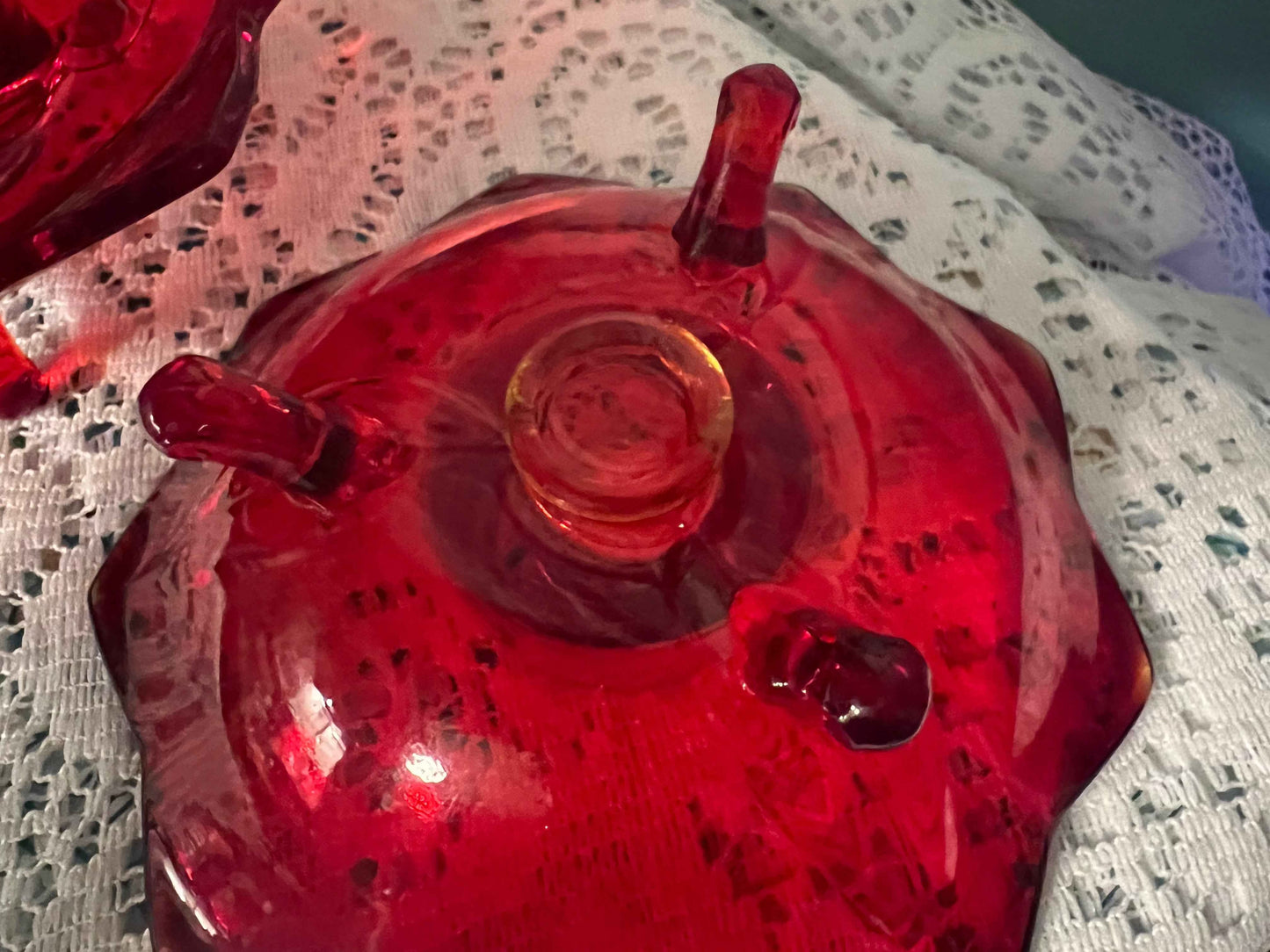 Vintage Fenton Red Amberina Lotus Candleholders - GLOWS – Pair of 848 Cadmium Glass, 1930s