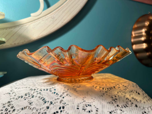 Vintage Fenton Carnival Glass Bowl | Marigold Drapery Pattern | Ruffled Piecrust Edge
