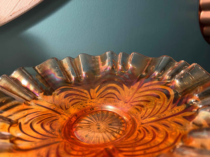 Vintage Fenton Carnival Glass Bowl | Marigold Drapery Pattern | Ruffled Piecrust Edge