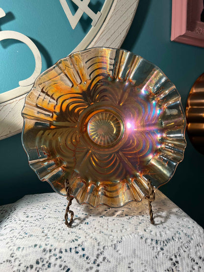 Vintage Fenton Carnival Glass Bowl | Marigold Drapery Pattern | Ruffled Piecrust Edge