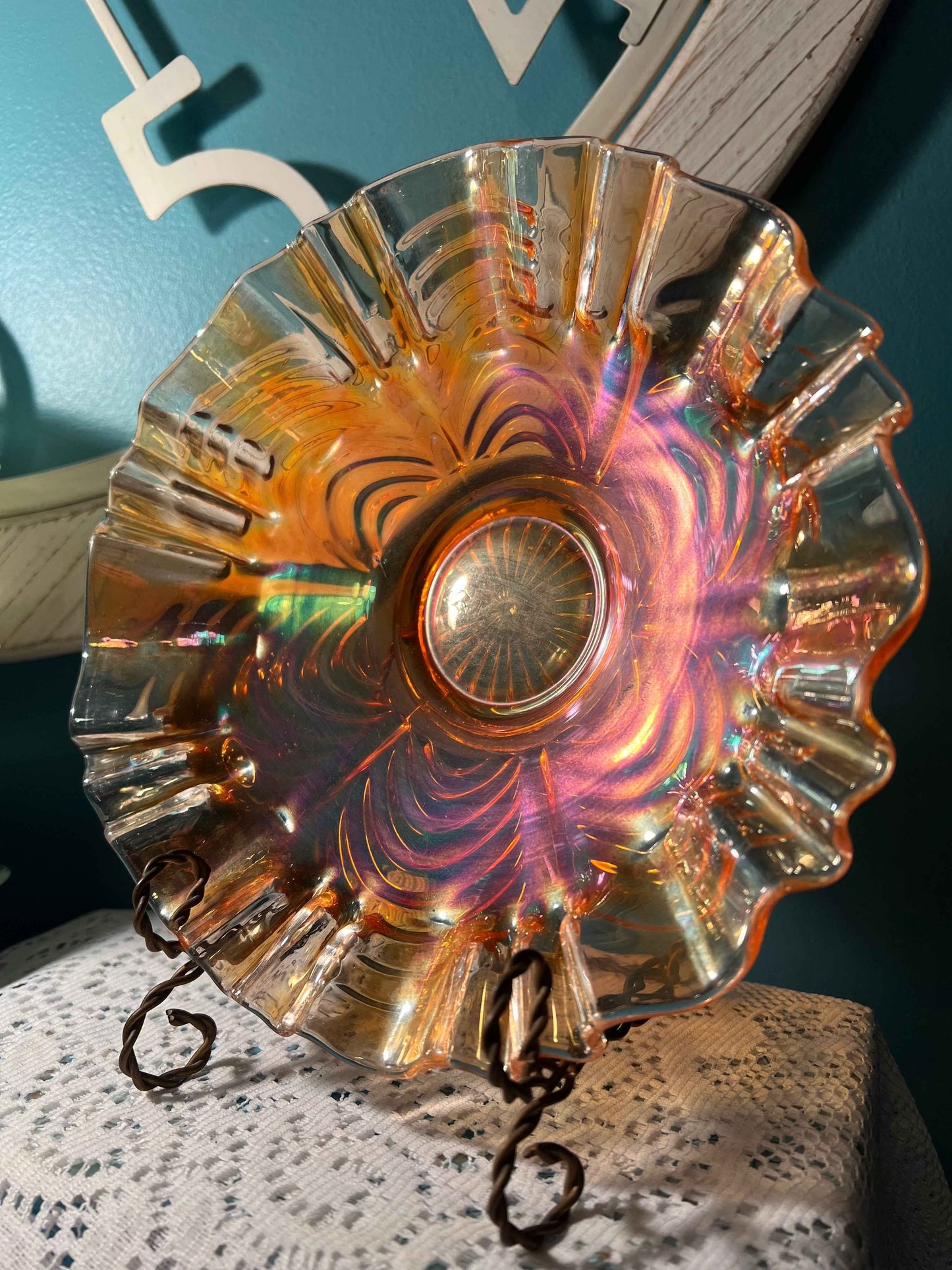 Vintage Fenton Carnival Glass Bowl | Marigold Drapery Pattern | Ruffled Piecrust Edge