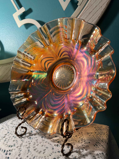 Vintage Fenton Carnival Glass Bowl | Marigold Drapery Pattern | Ruffled Piecrust Edge