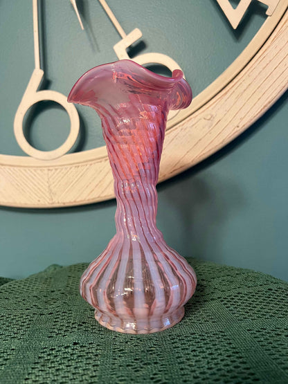 Vintage Fenton Cranberry Opalescent Spiral Optic Swirl Vase | Art Glass