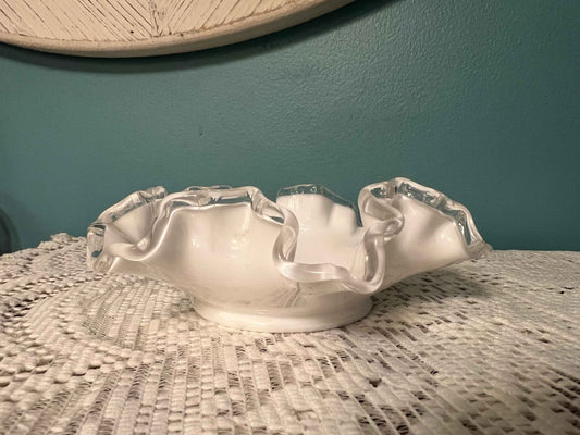 Vintage Fenton White Milk Glass Silver Crest Bowl | Vintage Glassware
