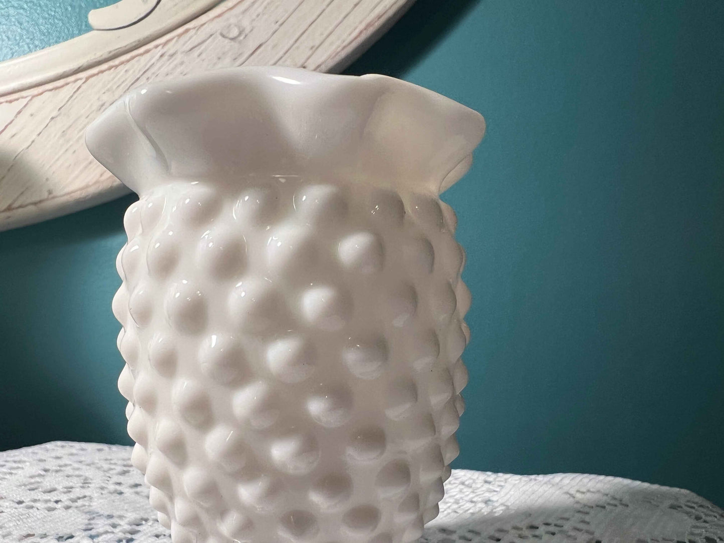 Vintage Fenton White Milk Glass Miniature Vase | Hobnail Crimped | 8-Point
