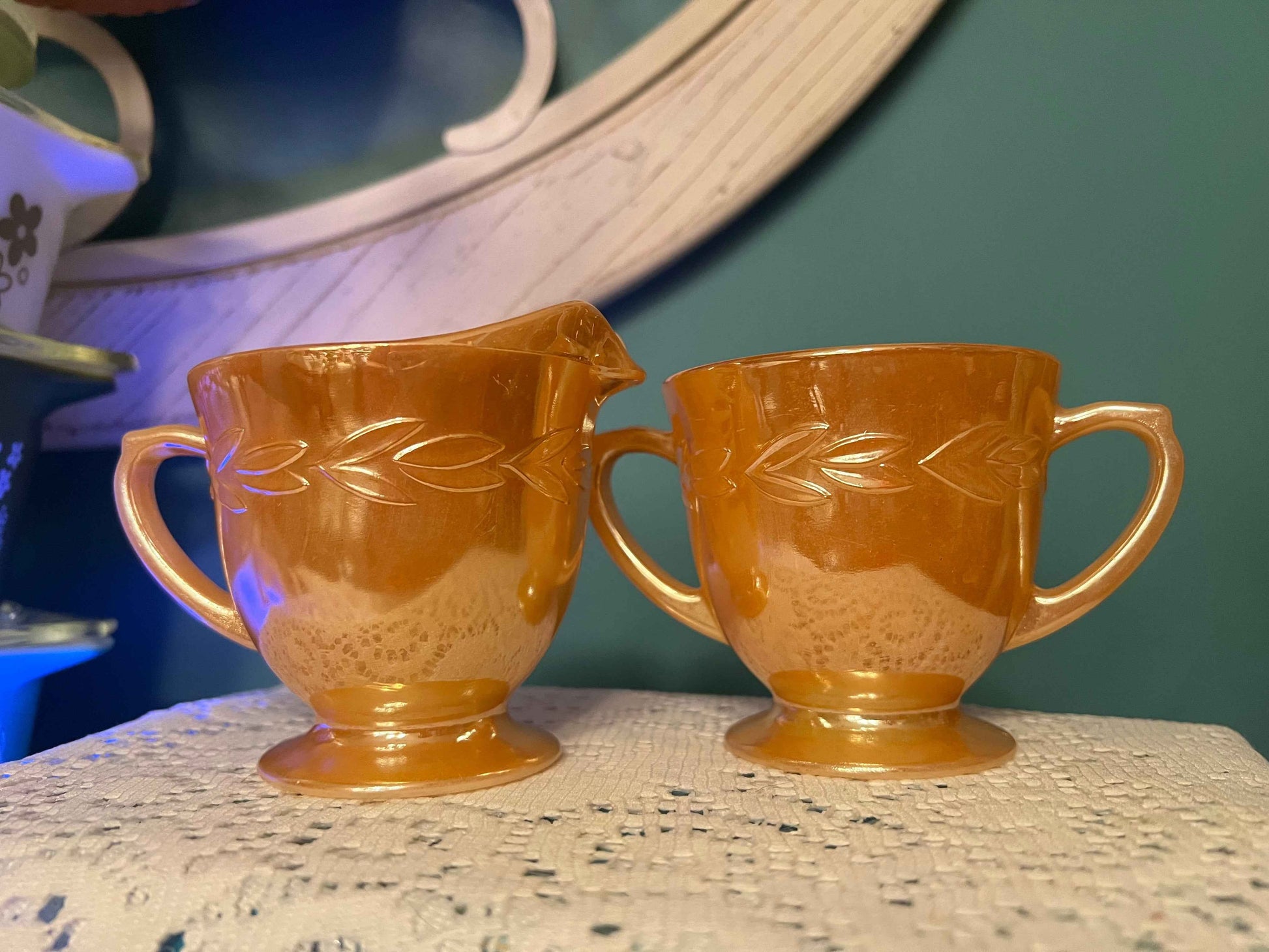 Anchor Hocking Fire King Peach Lustre Cream & Sugar | Collectible Vintage Tableware