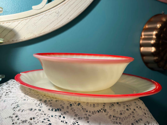 Vintage Fire-King Sunrise Swirl Vegetable Bowl & Serving Platter | Milk Glass Serveware