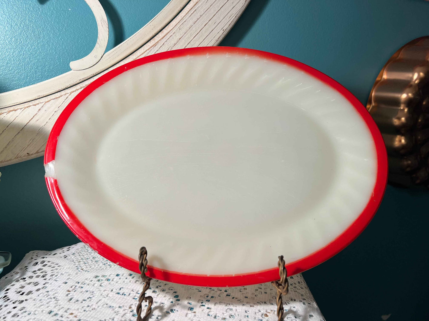 Vintage Fire-King Sunrise Swirl Vegetable Bowl & Serving Platter | Milk Glass Serveware