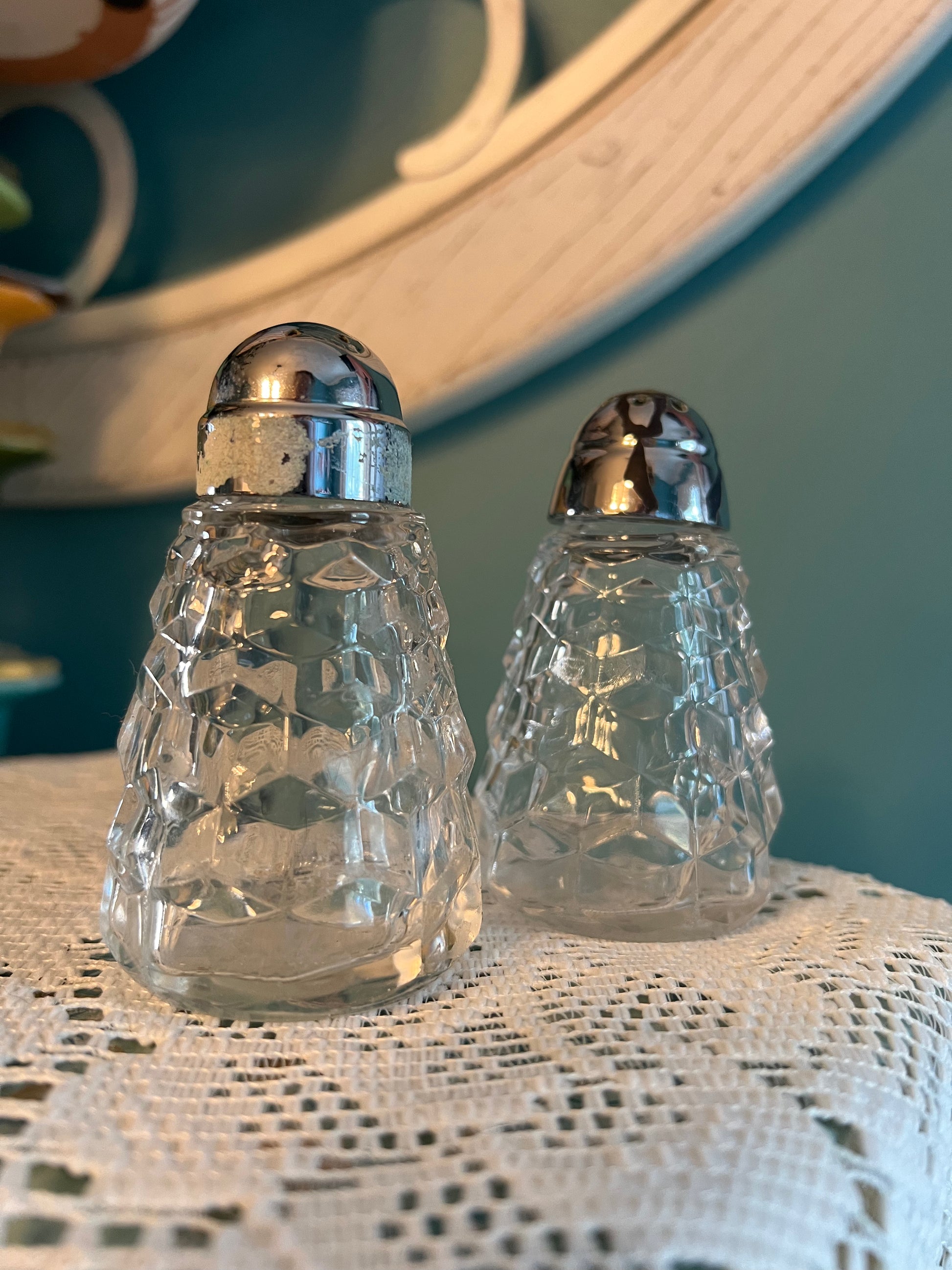 Vintage Fostoria American crystal salt and pepper shakers with Cubist Cube pattern