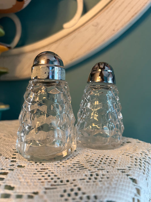 Vintage Fostoria American crystal salt and pepper shakers with Cubist Cube pattern