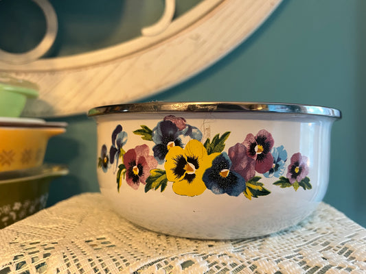 Vintage GMI enamel mixing bowl with pansy floral pattern