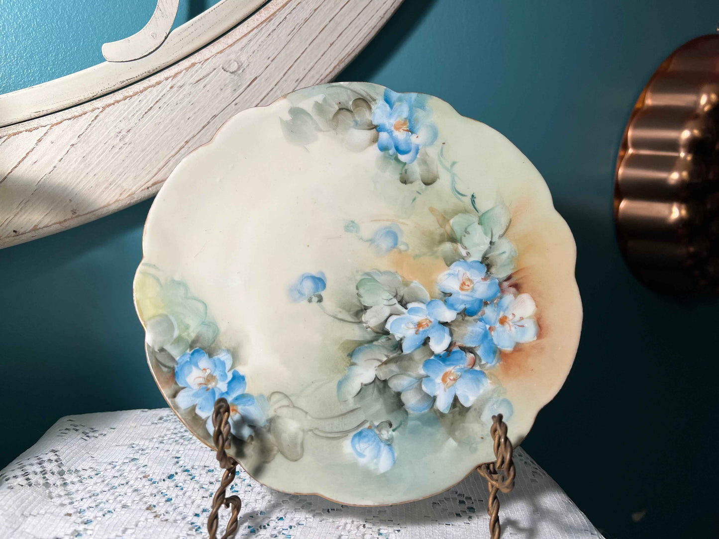 Antique Geo H. Bowman Co Hand-Painted Plate | Blue Forget-Me-Nots | Bavaria Collectible