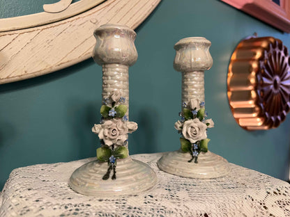 Vintage German Iridescent Porcelain Candle Holders | Applied Roses & Basket Weave | Vintage Home Decor