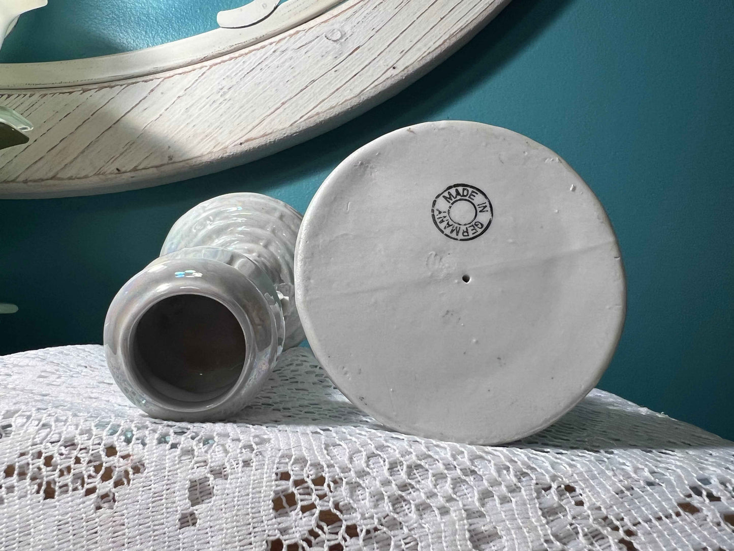 Vintage German Iridescent Porcelain Candle Holders | Applied Roses & Basket Weave | Vintage Home Decor