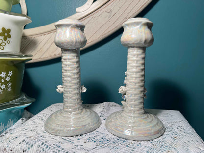 Vintage German Iridescent Porcelain Candle Holders | Applied Roses & Basket Weave | Vintage Home Decor