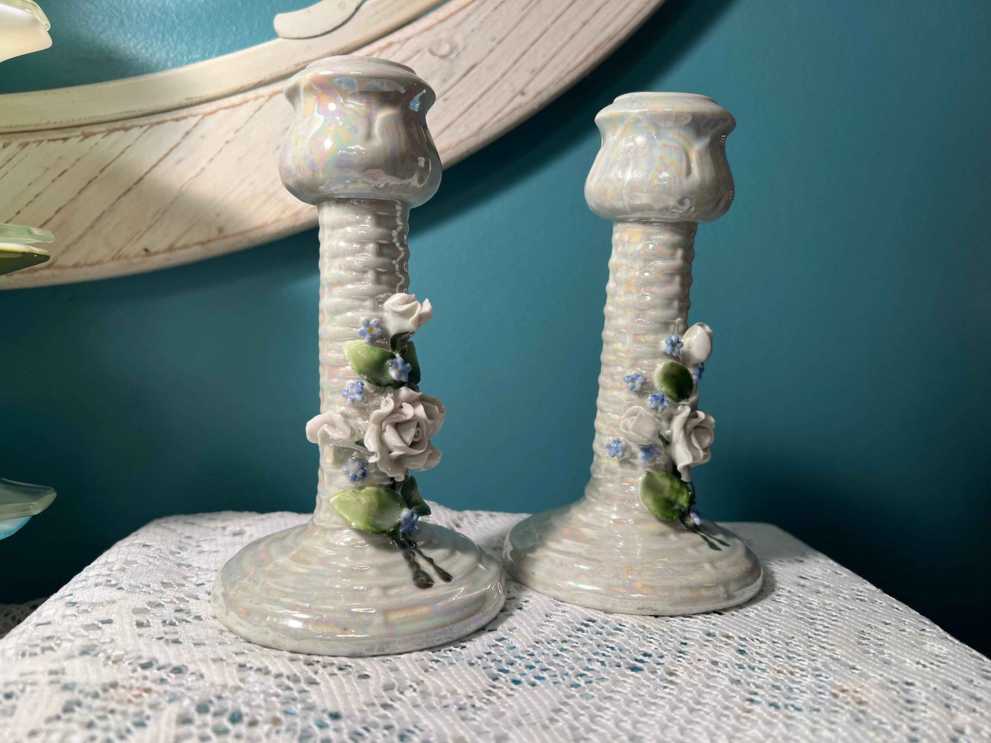 Vintage German Iridescent Porcelain Candle Holders | Applied Roses & Basket Weave | Vintage Home Decor