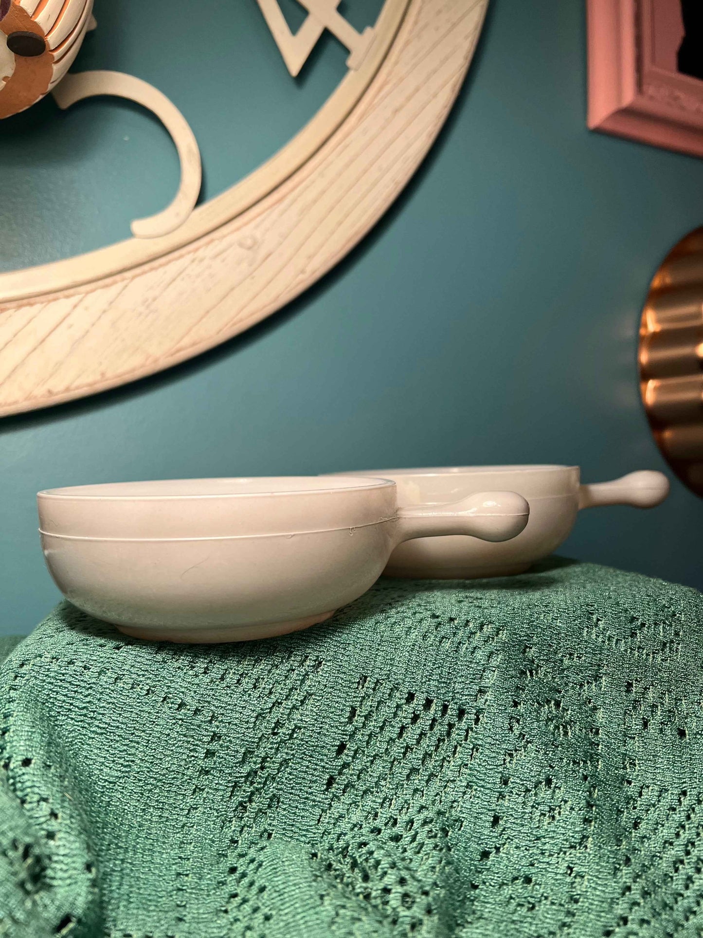 GlasBake Soup Bowl with Handle | Vintage Milk Glass Ovenproof Tableware