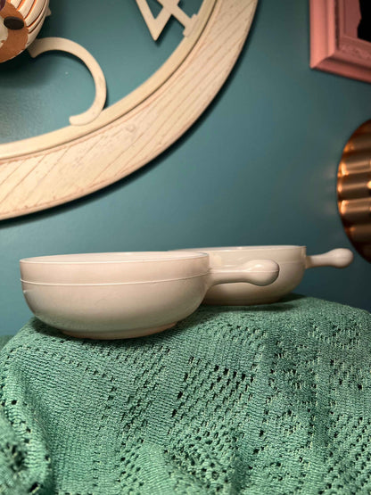 GlasBake Soup Bowl with Handle | Vintage Milk Glass Ovenproof Tableware