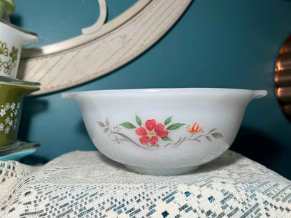 Vintage Glasbake Cinderella Mixing Bowl J-2355 | Red & Yellow Floral Milk Glass | Vintage Kitchenware
