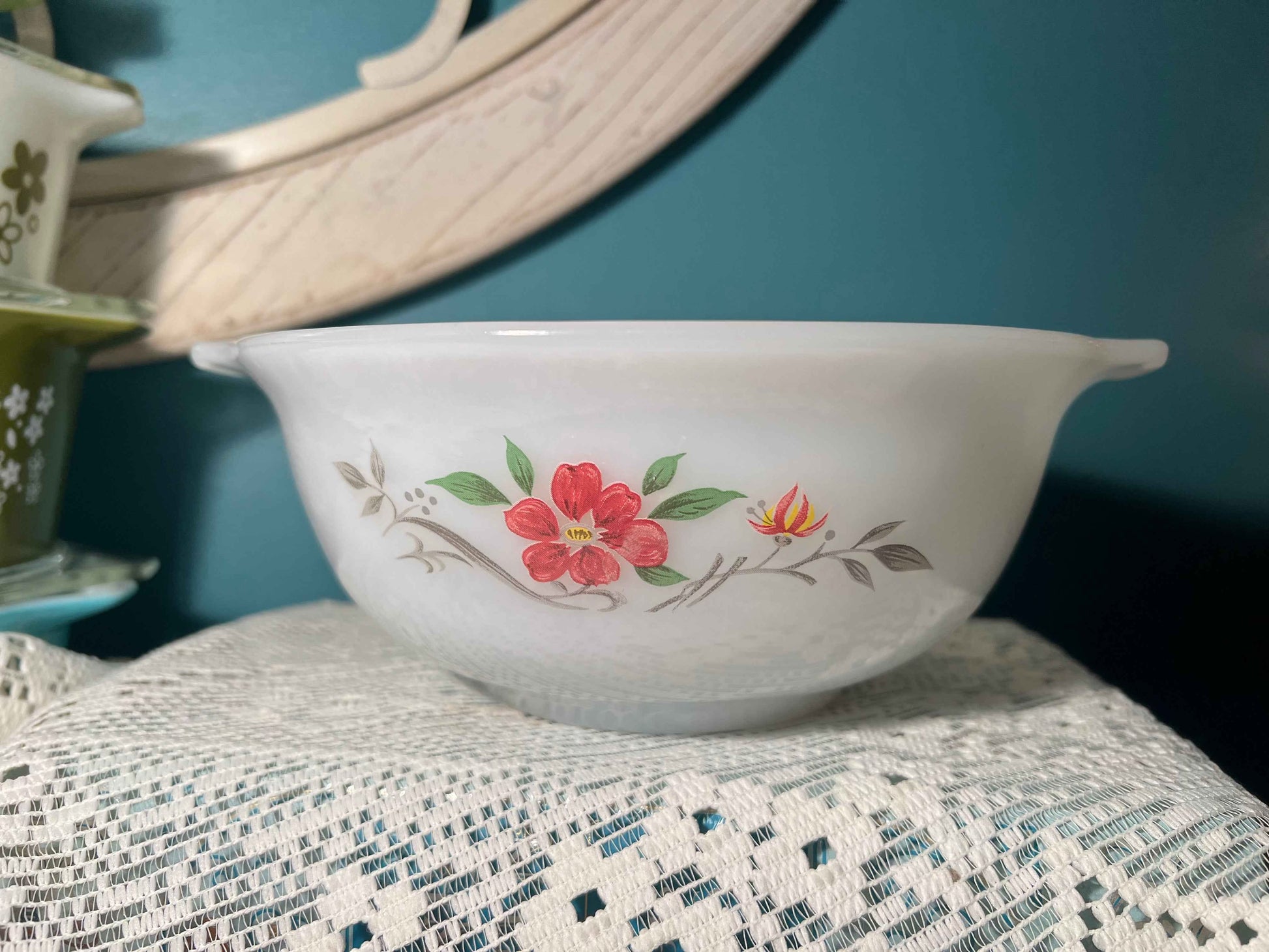 Vintage Glasbake Cinderella Mixing Bowl J-2355 | Red & Yellow Floral Milk Glass | Vintage Kitchenware