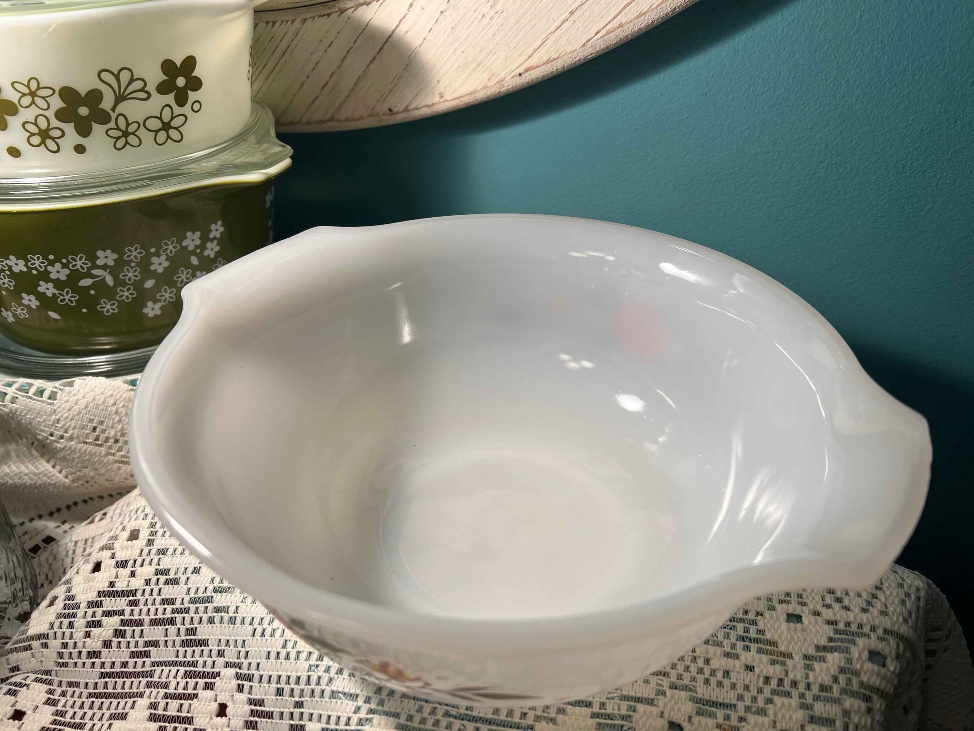 Vintage Glasbake Cinderella Mixing Bowl J-2355 | Red & Yellow Floral Milk Glass | Vintage Kitchenware