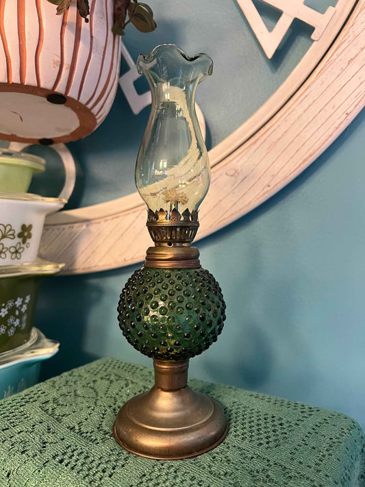 Green Hobnail Oil Lamp -  13 1/2" | Vintage Home Decor | Collectible Glassware