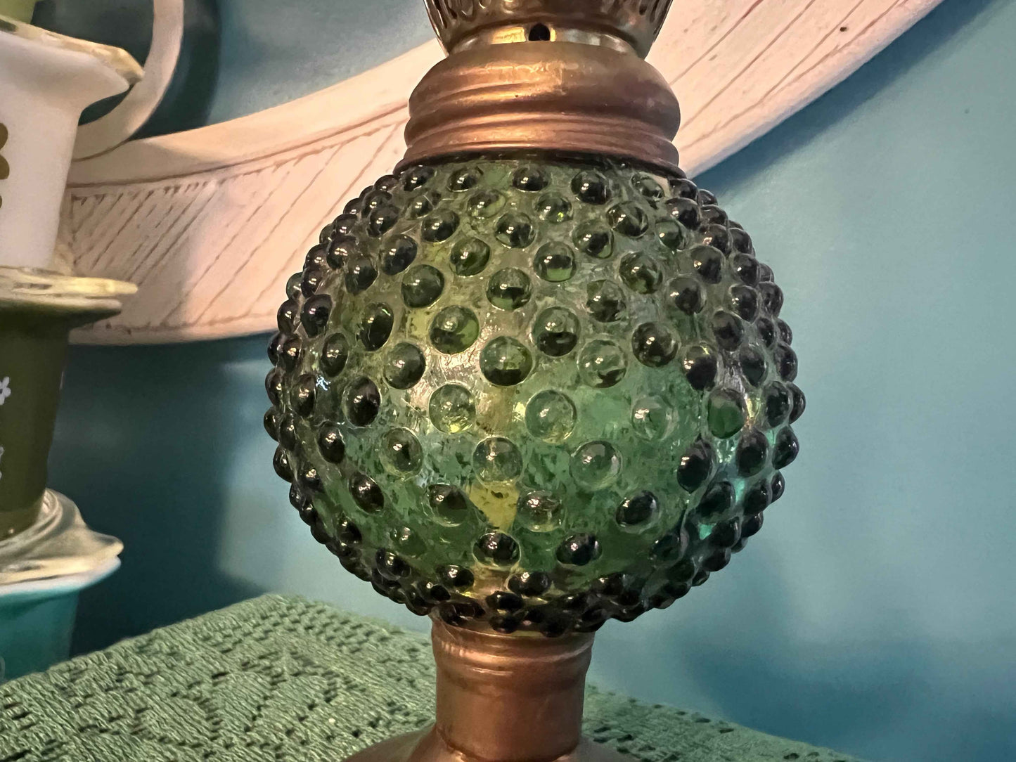 Green Hobnail Oil Lamp -  13 1/2" | Vintage Home Decor | Collectible Glassware